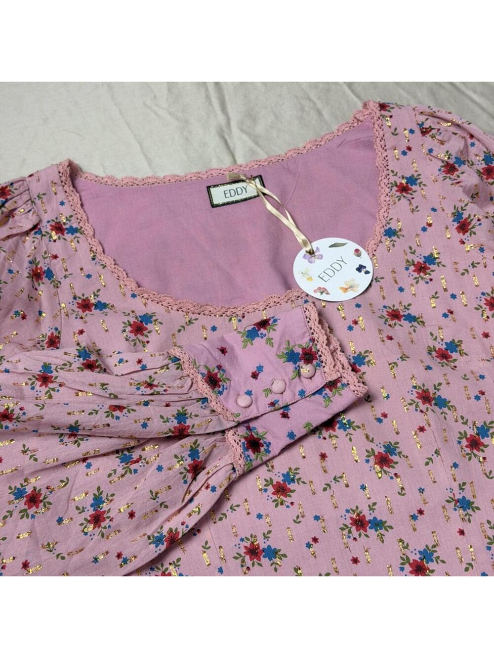 NWT Eddy Cropped Blouse Round Neck Long Sleeve 100% Cotton Size Medium